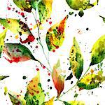 Seamless pattern with green leaves. Watercolor painting