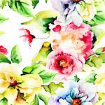 Summer seamless pattern with flowers, watercolor illustration