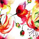 Seamless pattern with Lily and Poppy flowers, watercolor illustration