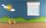 Blue kids room with window and decoration on wall - rendering