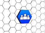 people sign on 3d blue hexagon button in cellular structure, like icon