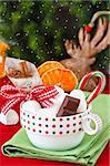 Christmas hot cocoa mix with chocolate, marshmallow and candy cane in mug.