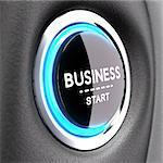 Blue Push button with the phrase business start. Concept image to illustrate new business