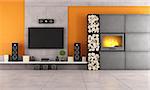 Contemporary living room with white wall unit and fireplace