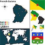 Vector map of French Guiana with coat of arms and location on world map