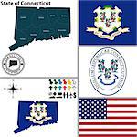 Vector set of Connecticut state with flag and icons on white background