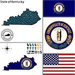 Vector set of Kentucky state with flag and icons on white background