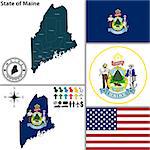 Vector set of Maine state with flag and icons on white background