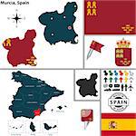 Vector map of region of Murcia with coat of arms and location on Spanish map