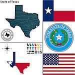 Vector set of Texas state with seal, coat of arms and icons on white background