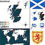 Vector map of Scotland with coat of arms and location on world map