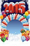 New Year 2015 on white winter background with balloons and gifts