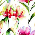 Seamless pattern with Magnolia and Peony flowers, watercolor illustration