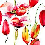 Seamless wallpaper with Poppy and Tulips flowers, watercolor illustration