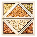 variety of nuts (almond, cashew, pecan, pine, pistachio, peanut) in a geometrical wood tray