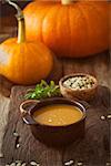 Pumpkin soup. Autumn dinner with healthy vegetable soup