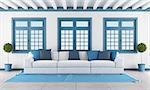 white and blue living room with modern sofa and three windows