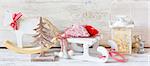 Christmas decoration with decorative sled and lantern. Shabby chic style.
