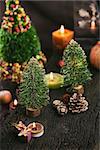 Christmas rustic decoration. Christmas tree, candles and presents