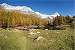 Matterhorn and Blue Lake in autumn sunny day, Aosta Valley