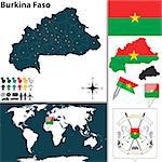 Vector map of Burkina Faso with regions, coat of arms and location on world map