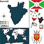 Vector map of Burundi with regions, coat of arms and location on world map