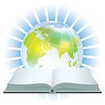 Open book and earth globe over a blue background