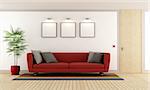 Modern living room with red couch and wooden closed door - 3D Rendering