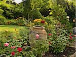 View of private garden and patio of a home in summer, Toronto, Ontario, Canada