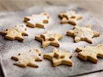 Close up of freshly baked christmas biscuits on baking tray