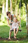 Mid adult mother pushing toddler daughter on garden swing