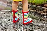 Legs of girl wearing rubber boots standing in rain puddle