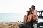 Two young women sitting on hood of jeep at coast, Malibu, California, USA