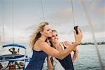 Friends photographing themselves on sailing boat