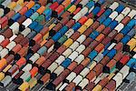 Aerial view of angled multi color cargo containers, Port Melbourne, Melbourne, Victoria, Australia