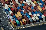 Aerial view of multi colored stacked cargo containers, Port Melbourne, Melbourne, Victoria, Australia