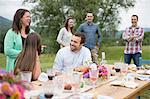 Family and friends gathered around, talking, at the end of a meal, outdoors