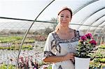 Portrait of mature female customer holding potted plant in plant nursery polytunnel