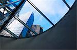 Skyscrapers  from curved window in financial district, Manhattan, New York, USA