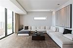 View of modern living room with sofas, coffee table and abstract painting