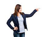 Business woman pointing to something, isolated over white