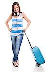 Beautiful young woman carrying her luggage, isolated over white background