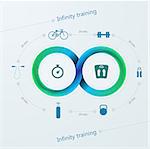 Blue infinity sign with silhouette sport signs around. Vector infographic with Mobius ribbon and training time.
