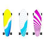 Set of colored longboards with black wheels. Three isolated vector illustrations on white.