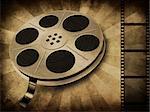 Grunge illustration of movie reel with tape on vintage background.