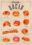 Bakery products painted watercolor poster with different types of bread products, loaf, bread, croissant, cookies, baguette, pretzel in kraft