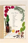 Pagan love potion ingredients over natural hemp notebook and mottled cream paper background. With ingredient list.