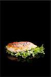 Delicious juicy chicken steak with fresh lettuce isolated on black background with reflection. Culinary luxurious eating.