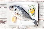 Delicious raw gilthead bream on white tray with lemon and fresh herbs on white textured wood, top view.. Fresh mediterranean seafood concept.