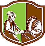 Illustration of a baker pizza maker holding peel pan with bread dough putting in open fire woodfire oven set inside shield crest done in retro style.